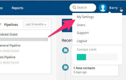 ActiveCampaign settings menu