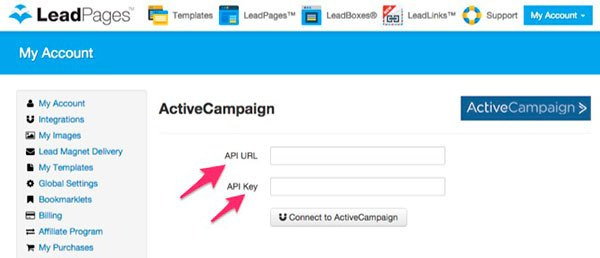 LeadPages setup screen for the ActiveCampaign API information